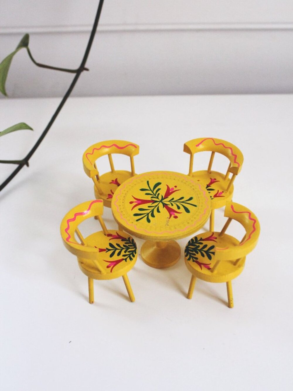 Vintage Yellow Wooden Miniature Table & Chair Set Hand-Painted Floral Design Mad